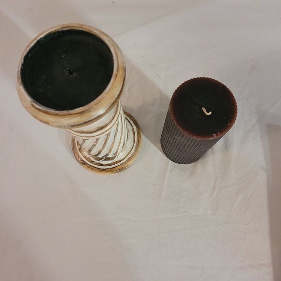 Mango Wood 9.5" Candle Holder With 6" Pillar Ribbed Candle - Picture 6 of 7